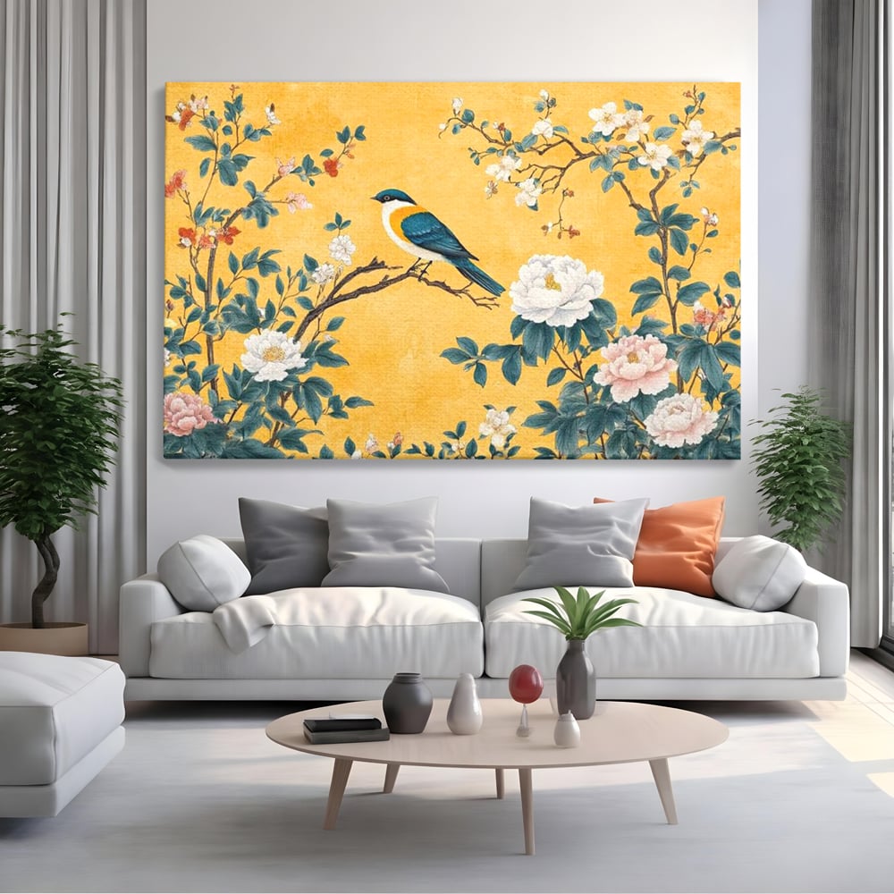 Tablou canvas cu tablou canvas cu pasare pe creanga si bujori, fara rama, pe sasiu de lemn, pe perete intr-un living